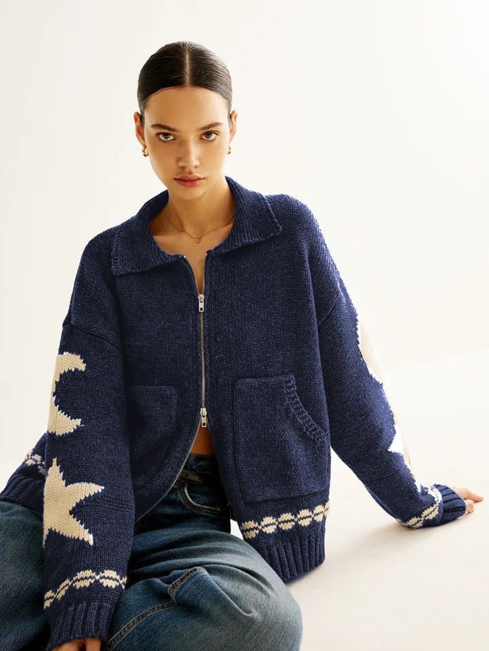 Commense Women's Double-Zip Pockets Lapel Cardigan in Navy Size Medium